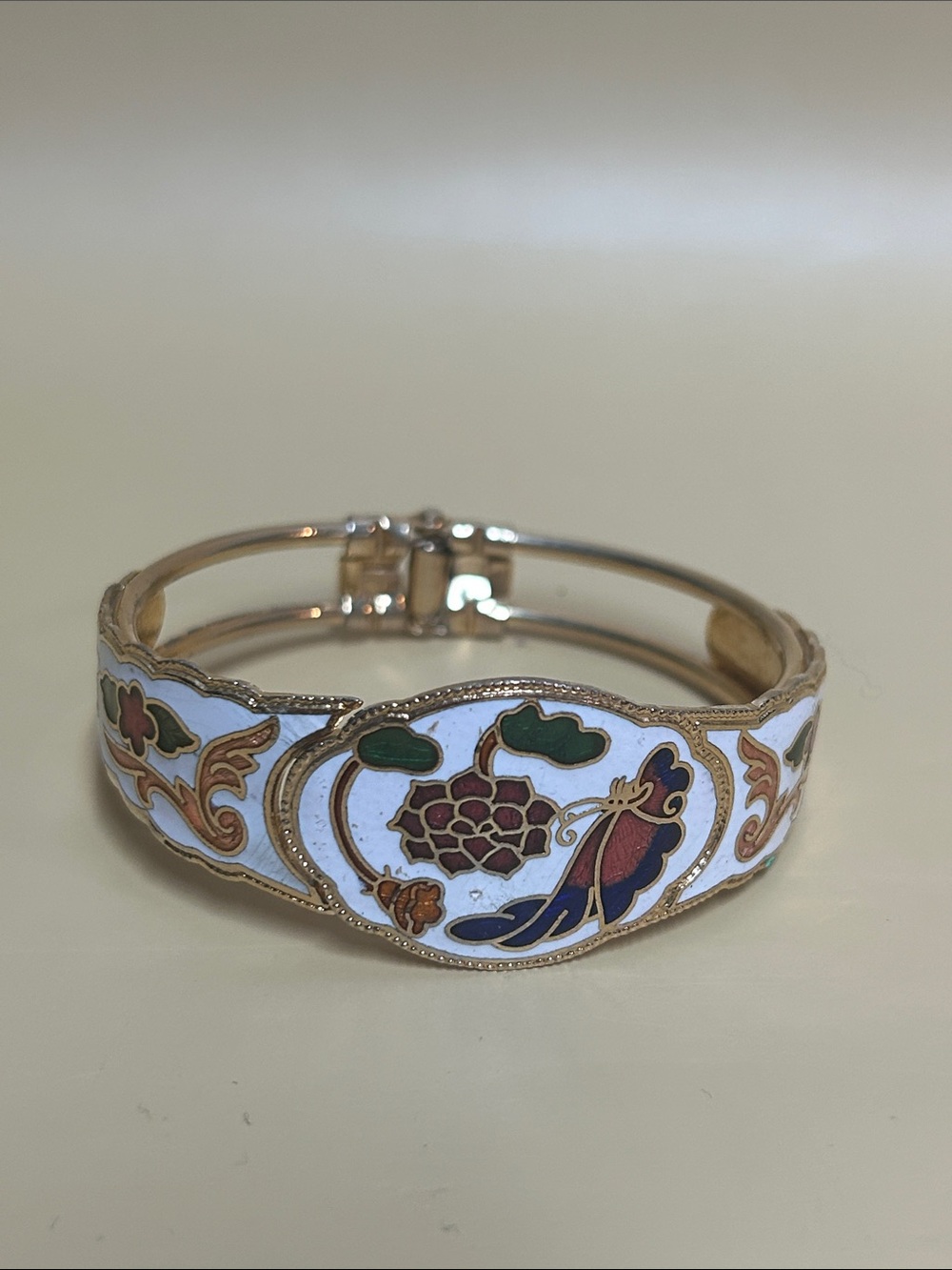 Gold-Tone Cloisonné Floral and butterfly Enamel Bangle Bracelet
